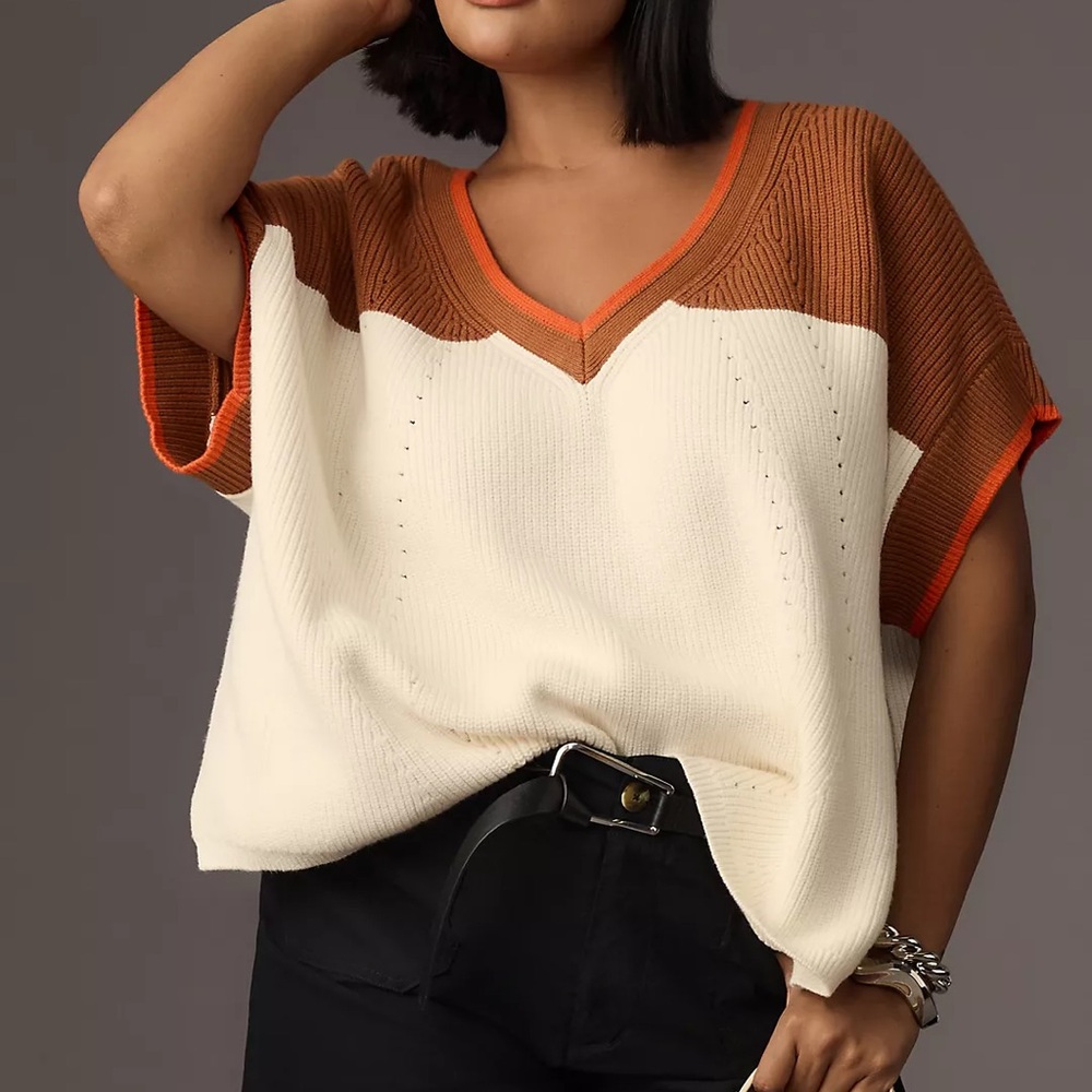Brown and Cream V-Neck Sweater